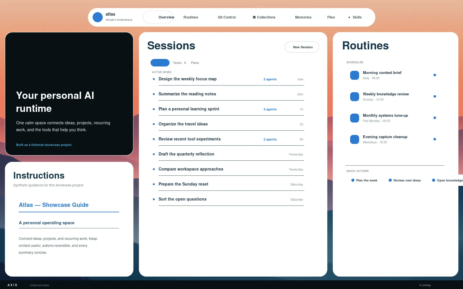 Atlas in Axis with its coral mountain background and fully synthetic sessions, routines, and showcase instructions