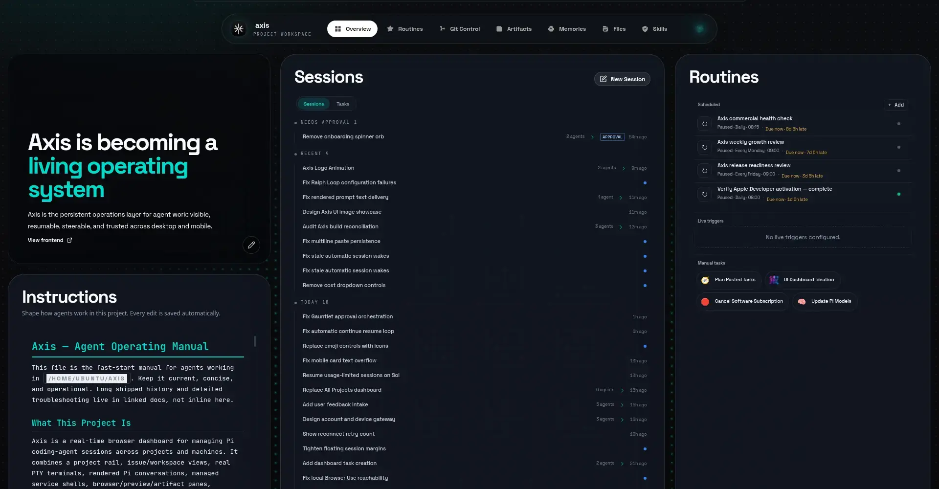 Axis desktop workspace showing sessions, routines, and instructions