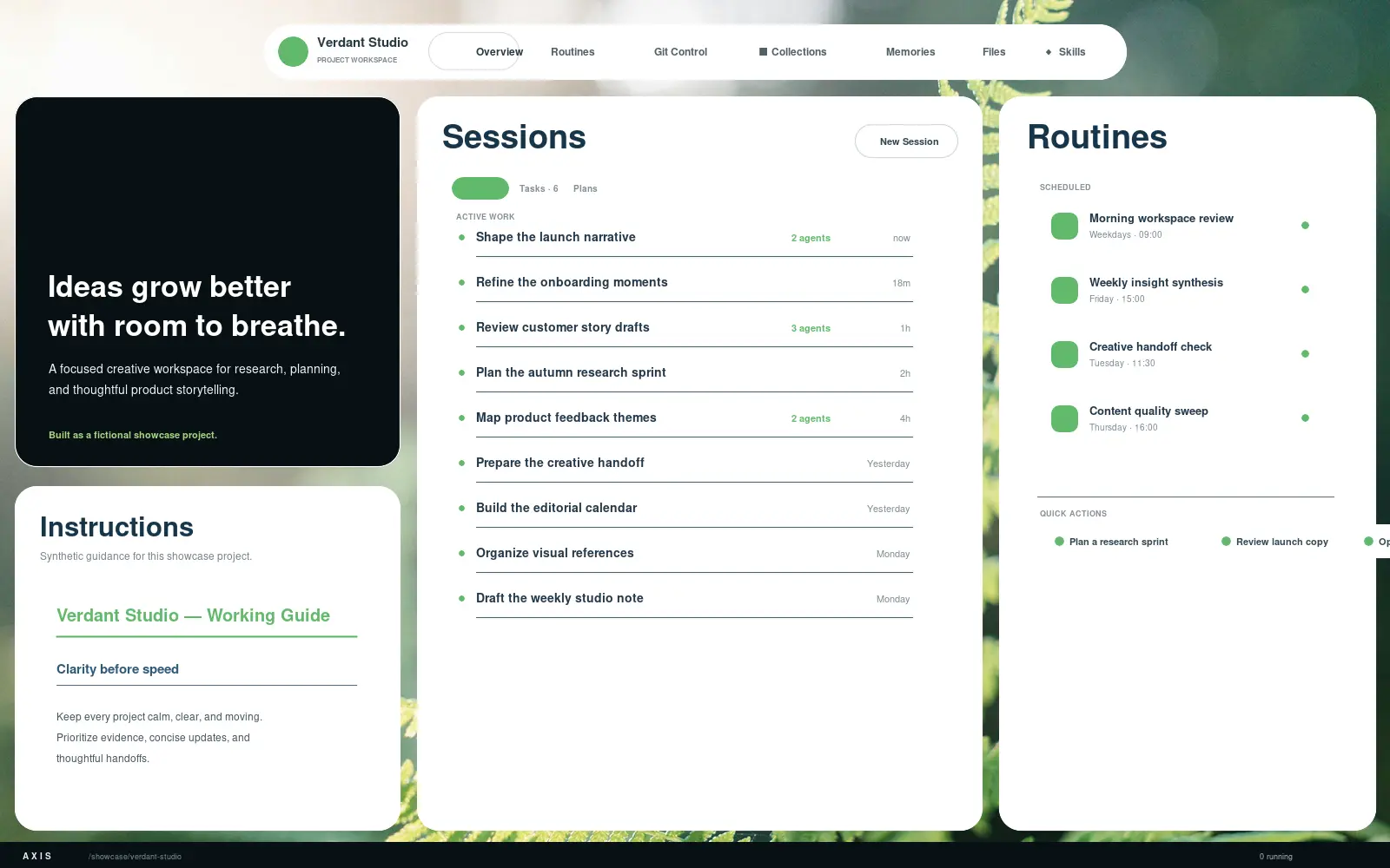 Verdant Studio in Axis with a botanical background, calm typography, and fully synthetic sessions, routines, and instructions