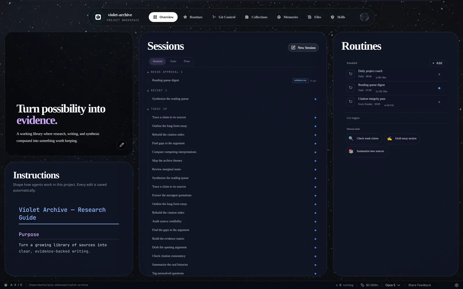 Violet Archive in Axis with a cosmic background, editorial typography, and purple surfaces