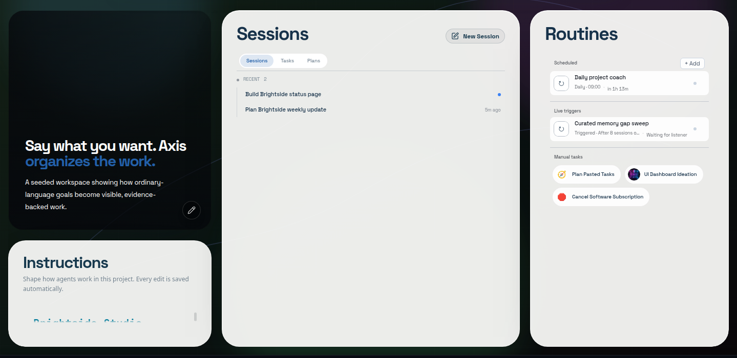 The real Axis project overview keeps its Sessions and governed project context visible together.