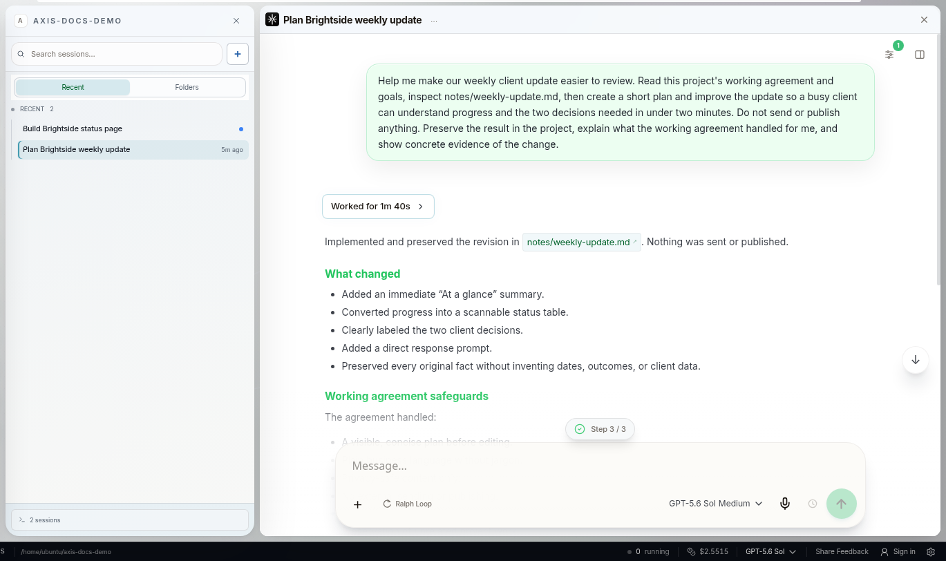 An ordinary-language request inside the Brightside weekly update session