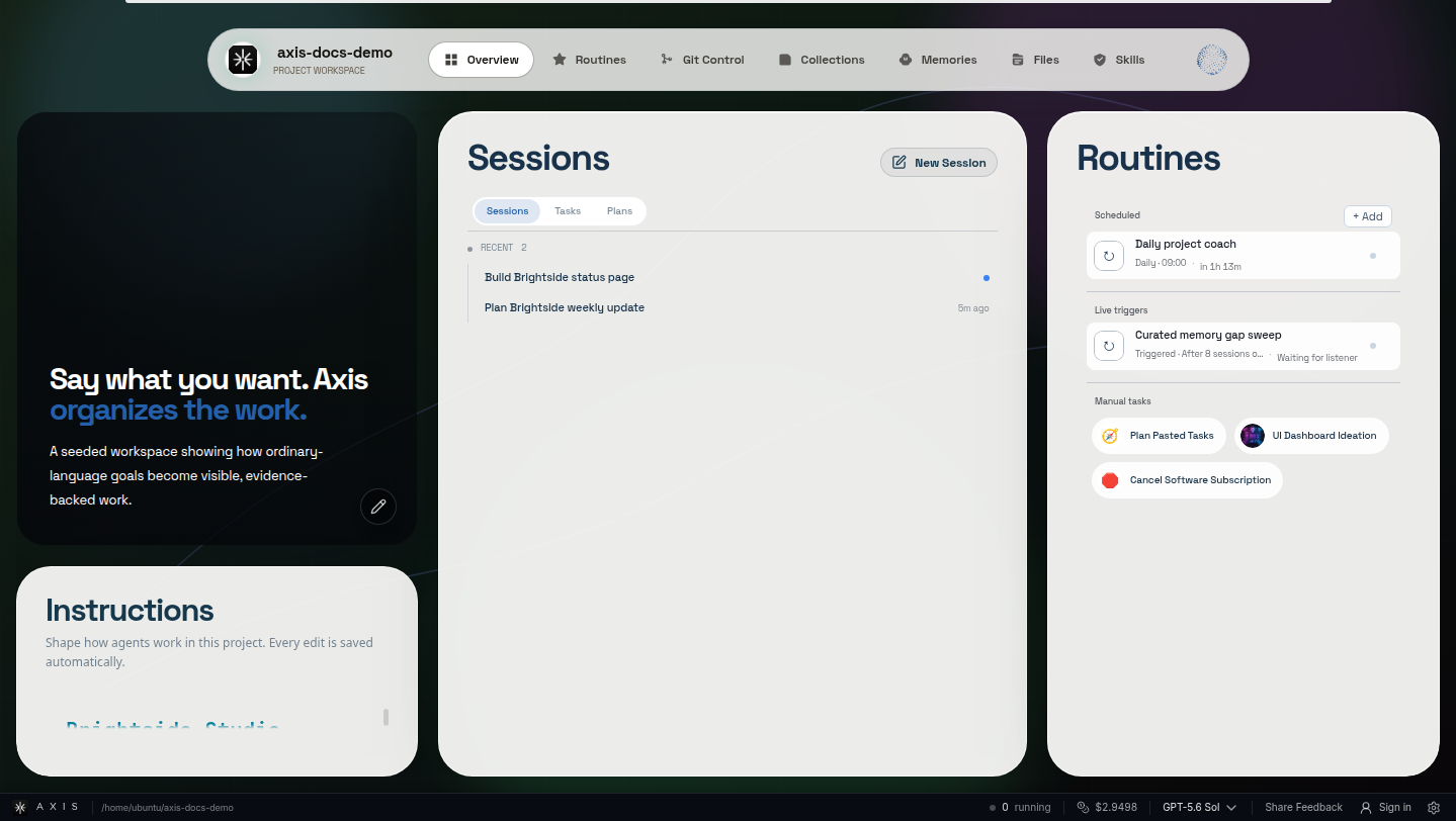 Axis project overview with a working agreement, active sessions, and routines