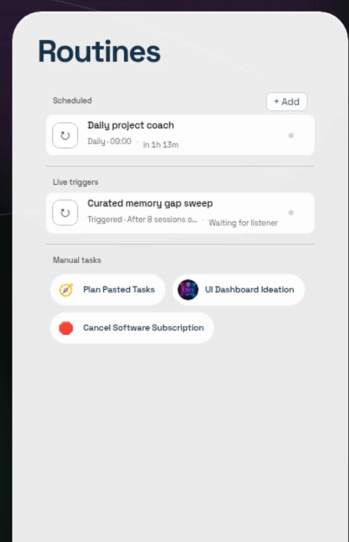 The project Routines panel with scheduled, triggered, and manual workflows