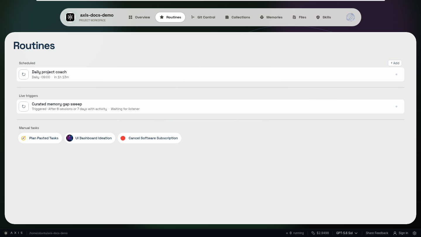 The real Routines surface keeps scheduled, event-triggered, and manual work visible together.