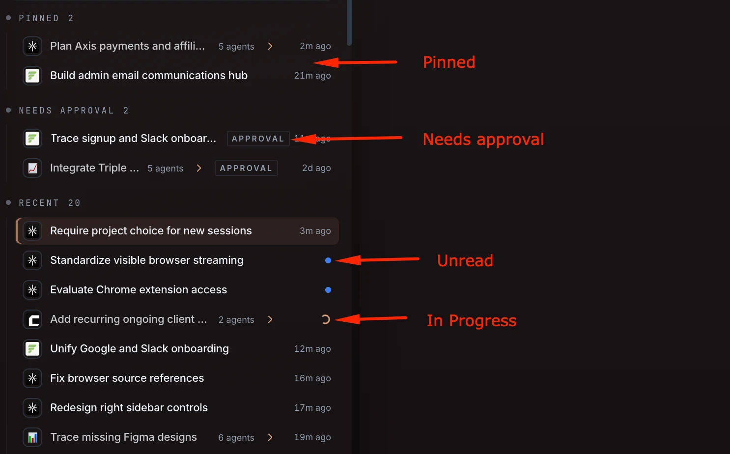 Axis sidebar annotated with Pinned, Needs approval, Unread, and In progress session signals