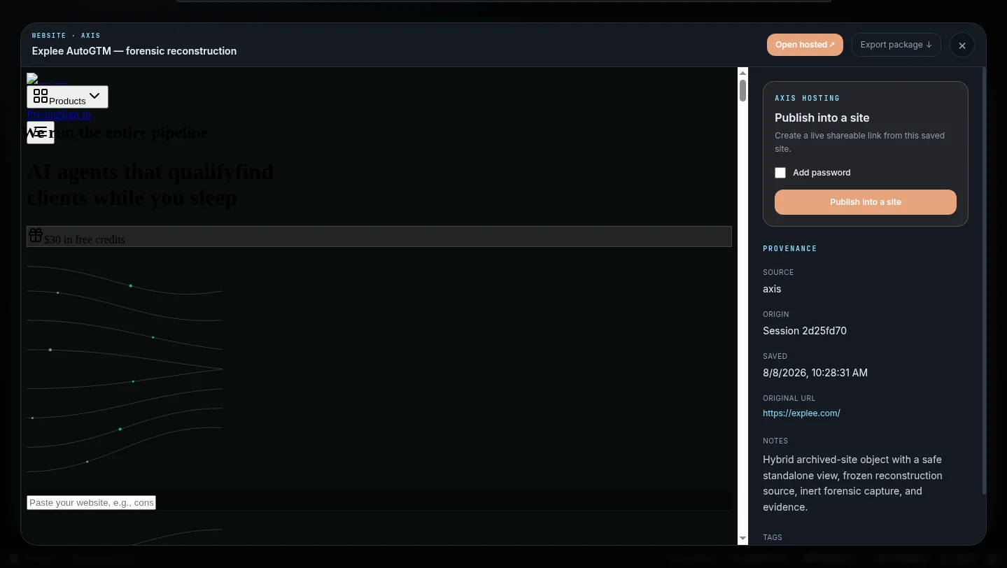 Axis Collections detail with the Axis hosting panel and Publish into a site action