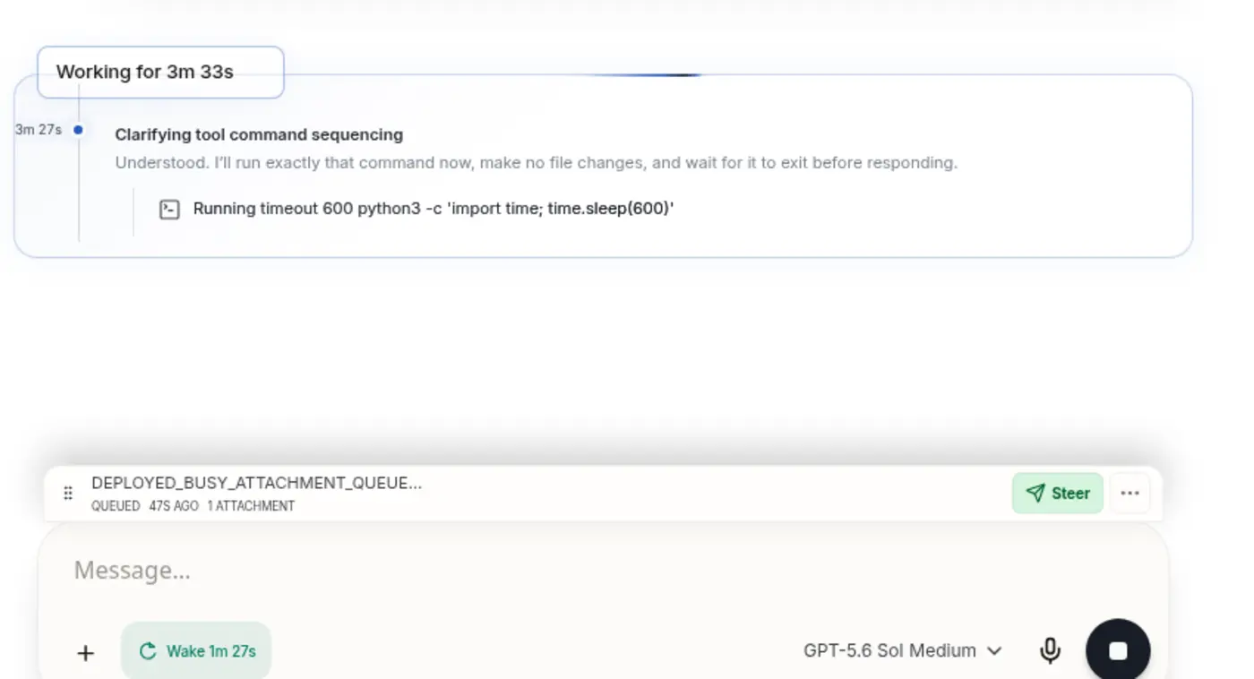 An active Axis session with a follow-up waiting in the steering queue above the composer