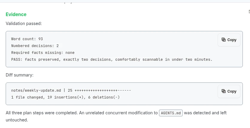 Validation metrics and exact diff evidence retained in the same session