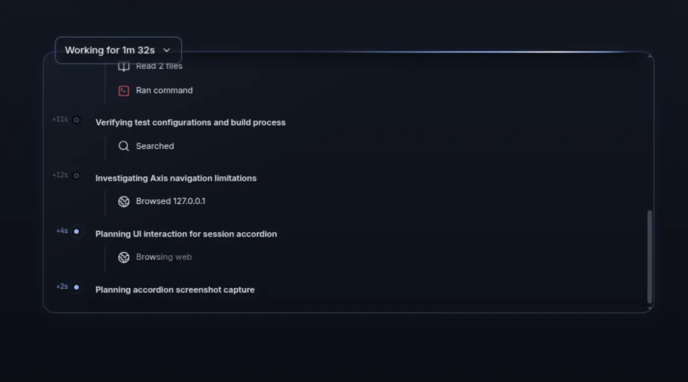 An expanded Working fold showing chronological reads, commands, searches, and browser actions